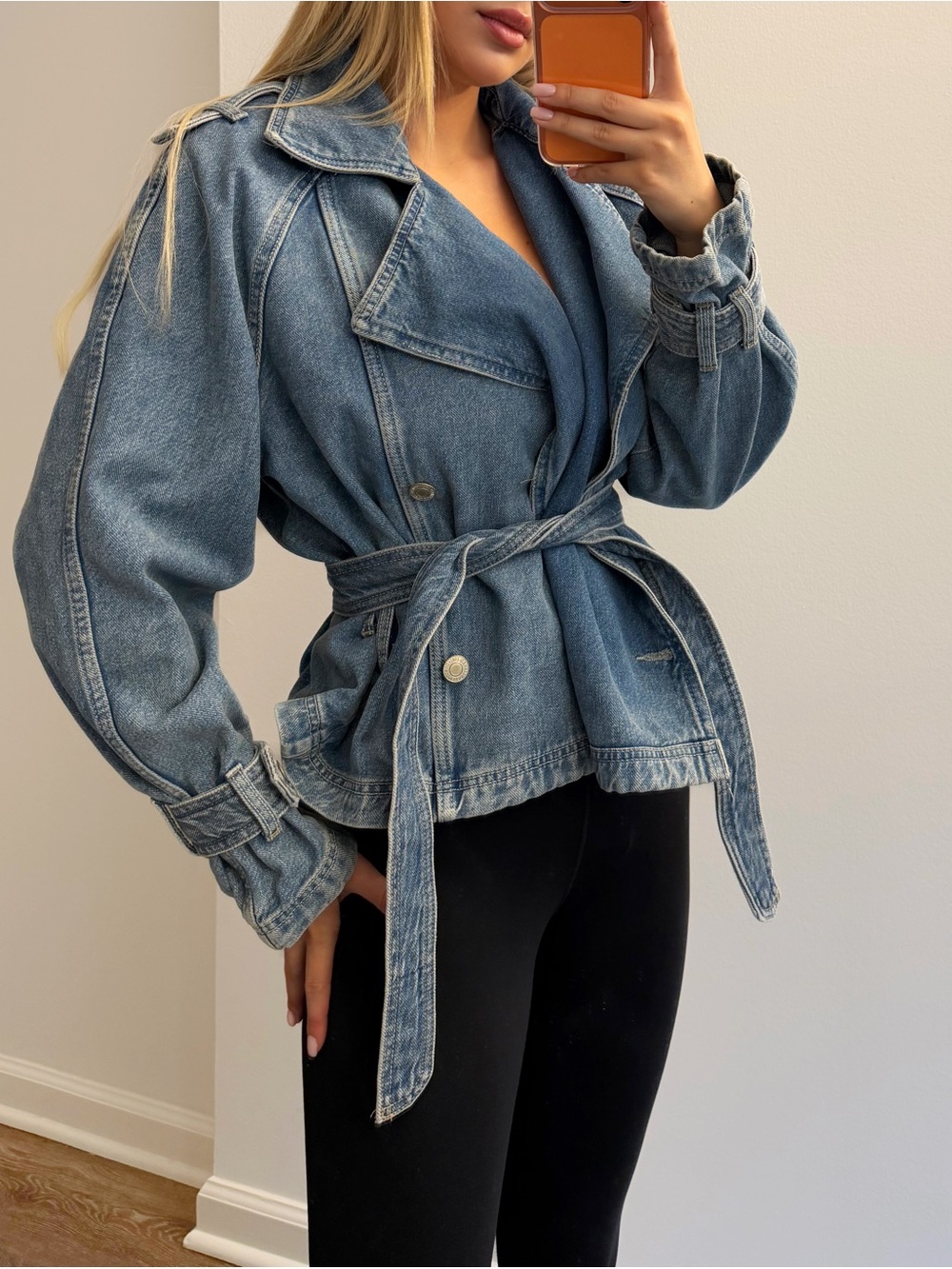 Guess Blue Denim Wrap Belt Jacket with Tie
